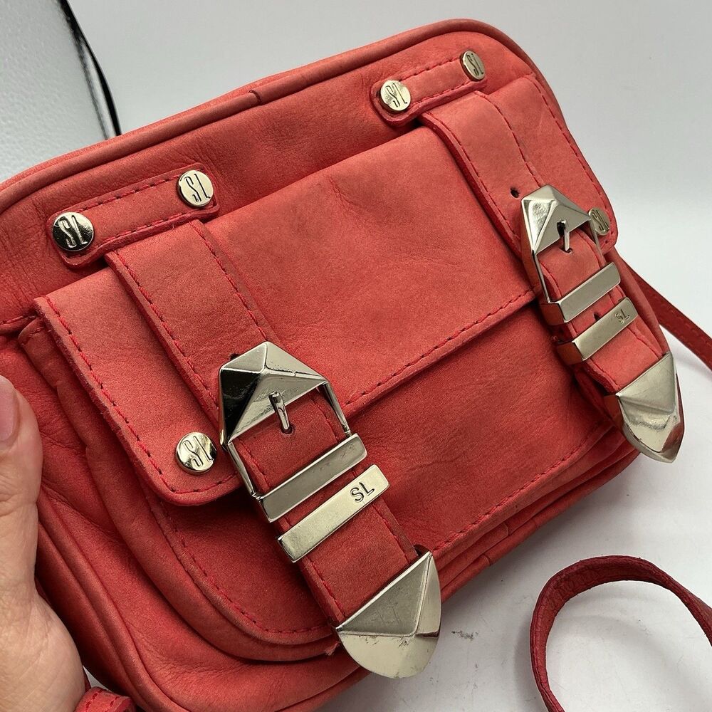 Santa Lolla Coral Pink Leather Crossbody Shoulder Bag Buckle Front Purse